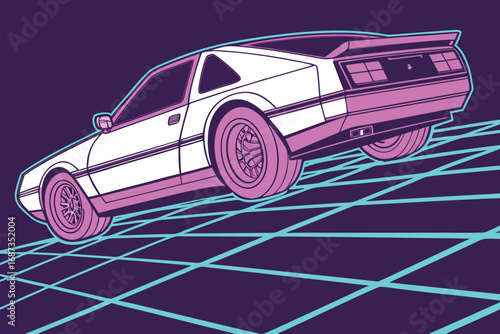 Vector art of retro car on grid with neon lights, capturing the essence of 80s synthwave with its futuristic design and vibrant colors, creating a dynamic and stylized scene