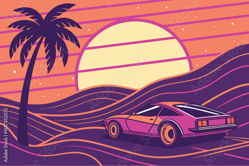 Vector art of a retroinspired illustration of a car parked near a palm tree against a sunset backdrop, evoking a sense of nostalgia and vintage aesthetics