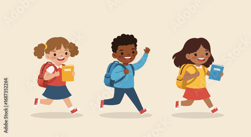 Dynamic cartoon illustration of a diverse group of happy elementary school children running together with backpacks and books, excited for school