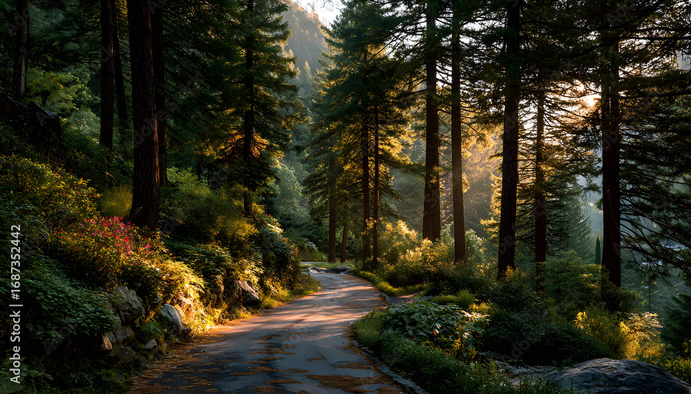 Obraz premium sunlit pathway through verdant forest canopy golden our illumination on windin road