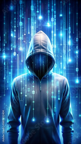 Mysterious figure in a hooded jacket, silhouetted against a vibrant digital stream of falling binary numbers and glowing circuits