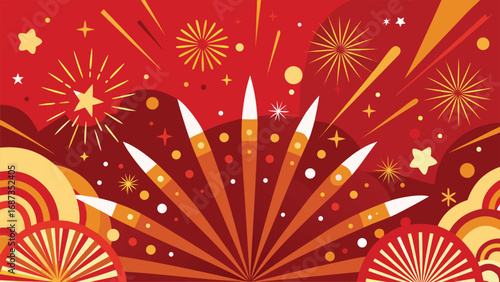 Explosive fireworks illuminate the sky, accompanied by a backdrop of glimmering gold and white stars..eps