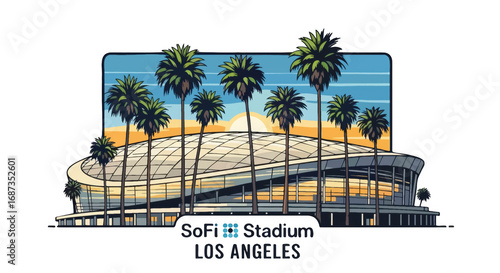 A cartoon illustration of sofi stadium in los angeles with palm trees and a sunset background