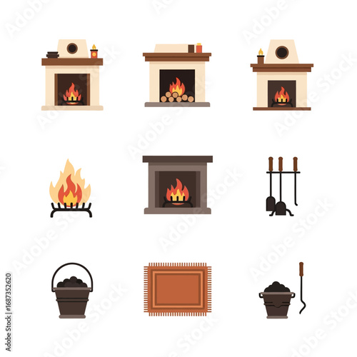 A versatile set of flat vector icons depicting classic fireplaces, burning flames, and essential hearth accessories for home comfort and interior design