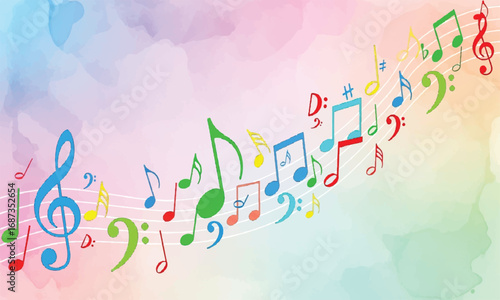 Colorful musical notes on a watercolor background, illustration design element