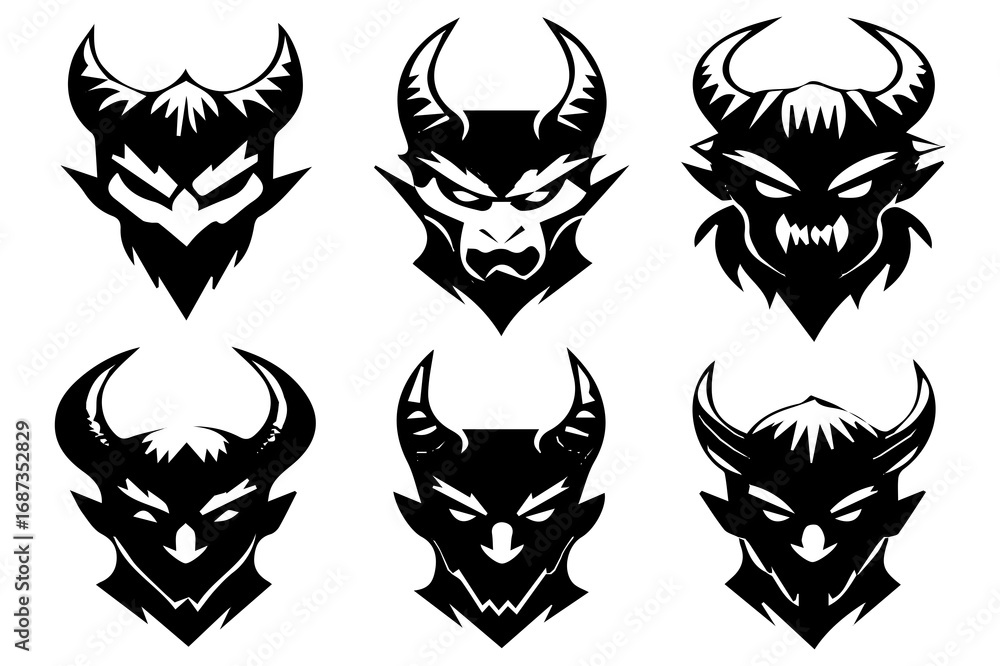 Naklejka premium Evil Demon Faces Silhouette Vector | Scary Monster Head Clipart for Halloween