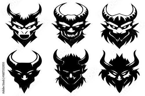 Evil Demon Faces Silhouette Vector | Scary Monster Head Clipart for Halloween