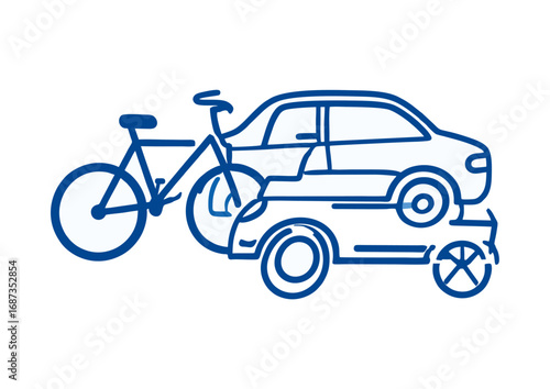 Transportation Icons Blue Outlines of Bicycle, Car, and Trailer for Travel Concepts