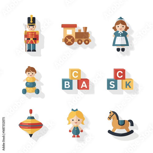 Adorable set of classic children's toy icons, evoking a sense of nostalgic playtime with a soldier, train, and spinning top