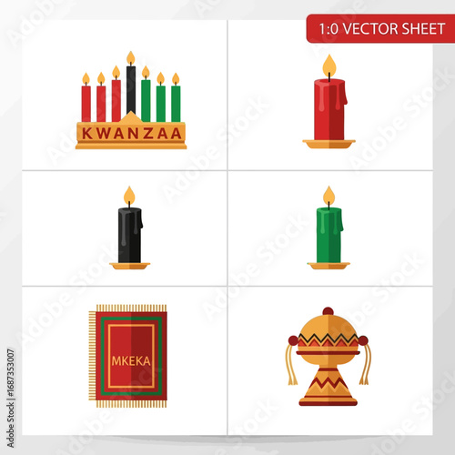 A collection of colorful vector icons representing the traditional symbols and seven principles of the Kwanzaa holiday celebration