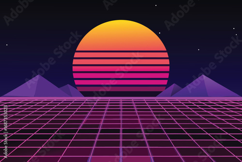Vector art of retro sunset landscape with grid and pyramids, evoking a nostalgic 80s vibe with its vibrant colors and geometric shapes, reminiscent of classic arcade games