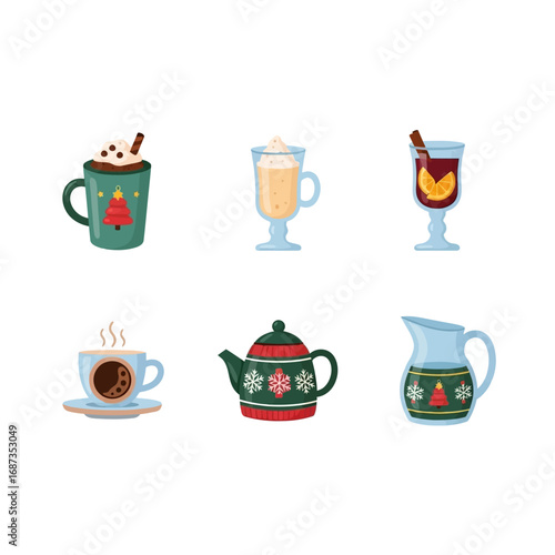 A festive collection of cozy winter holiday drinks like hot chocolate, mulled wine, and eggnog in decorative cups, perfect for Christmas celebrations