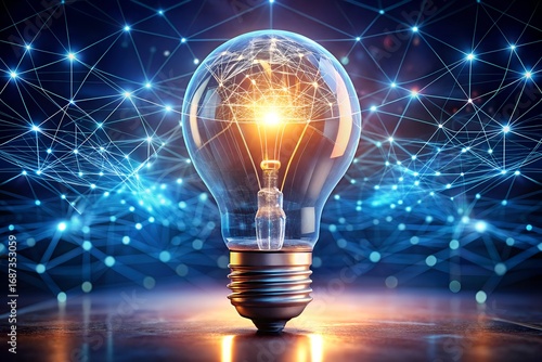 Glowing incandescent light bulb with a network of blue digital connections, symbolizing innovation and ideas