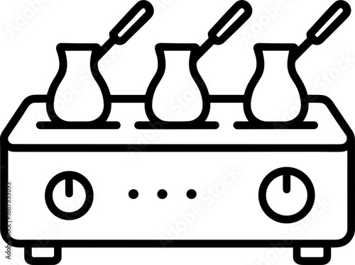 an oven with several cezvas in which Turkish coffee is brewed