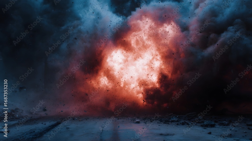 custom made wallpaper toronto digitalIntense fiery explosion erupts with billowing smoke and scattered debris against a dark background