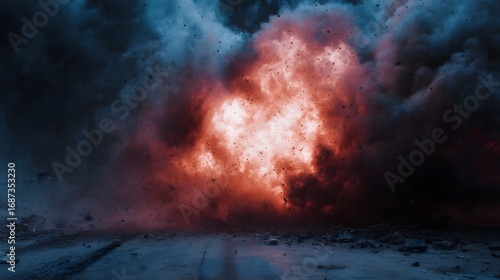 Wallpaper Mural Intense fiery explosion erupts with billowing smoke and scattered debris against a dark background Torontodigital.ca