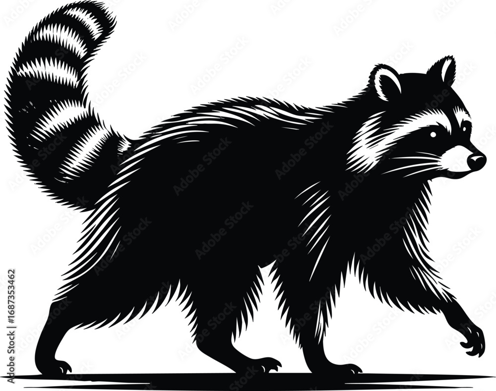 Obraz premium A walking Raccoon animal silhouette vector illustration isolated on white background