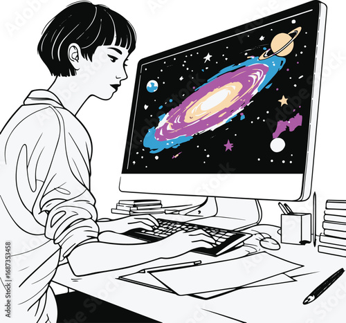 Black and white line art of a person working at a desk with a cosmic galaxy inside the computer screen, minimal doodle vector.