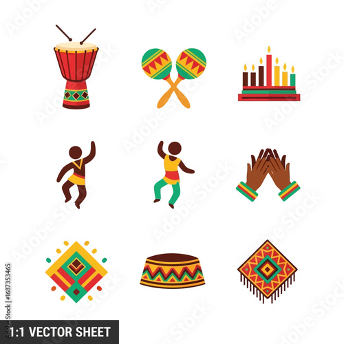 Vibrant icon set representing African-American cultural traditions for the Kwanzaa holiday celebration, featuring music, dance, and unity symbols