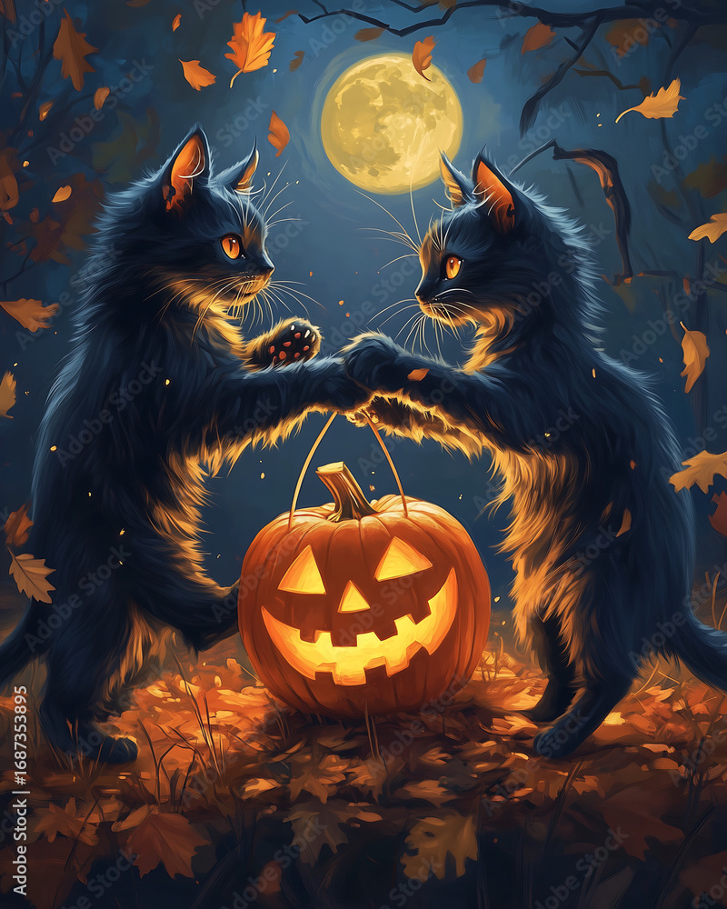Fototapeta premium Whimsical halloween art print, two sleek black cats playing with a glowing jack-o-lantern on a mystical moonlit night, surrounded by falling autumn leaves and delicate glitter, in a playful yet spooky