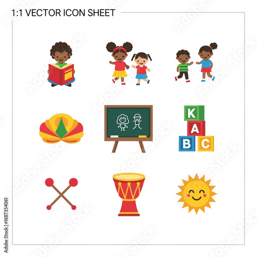 Collection of colorful flat vector icons representing diverse children, education, music, and cultural heritage