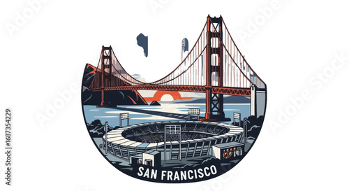 San francisco illustration featuring golden gate bridge and oracle park stadium artwork design