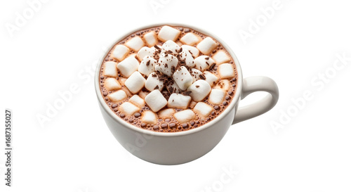 A white mug filled with hot chocolate topped with marshmallows and chocolate shavings on black background