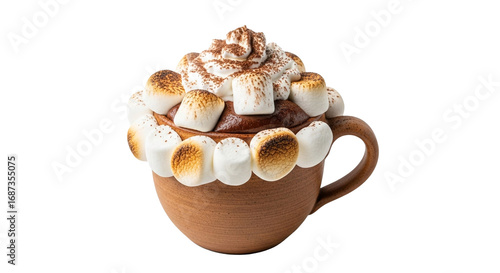 A mug filled with hot chocolate topped with toasted marshmallows and whipped cream on black background