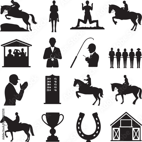 Equestrian sport icons showing horse riding and competition elements horse rider jumping horse