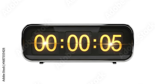 A close up of a digital clock displaying zero hours zero minutes and five seconds on a black background