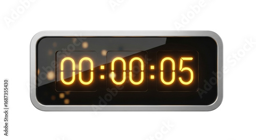 A digital clock displaying zero hours zero minutes and five seconds on a black background screen