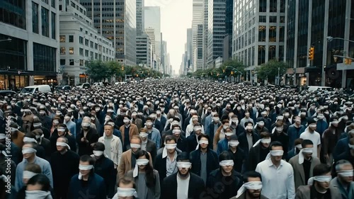A crowd of blindfolded people on the street of a modern city. concept of Blind conformity – people follow trends, rules, or leaders without questioning, even when they could “see” for themselves.