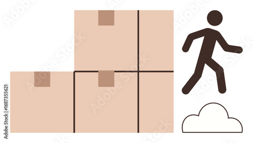 Stick figure walking upward near stacked boxes and cloud. Ideal for growth, progress, success, innovation, logistics, teamwork, ambition. A simple flat metaphor