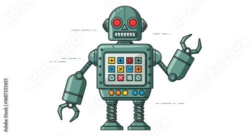 Cartoon Robot with Screen Display and Claw Hands, Isolated on White.