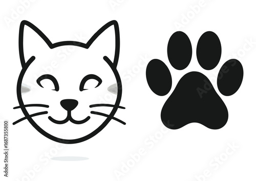 Cheerful feline character icon with closed eyes radiating happiness, alongside a distinct animal paw print. Perfect vector graphic for pet care, veterinary services, or child-friendly designs