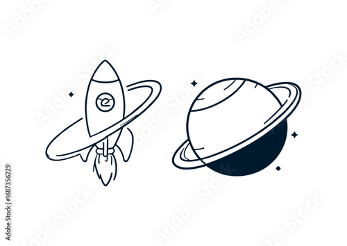 Space Rocket and Planet Simple Line Art Illustrations
