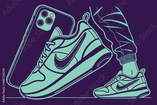 Vector art of a vibrant illustration showcasing a pair of sneakers, a smartphone, and a persons legs, all rendered in a striking neon color palette against a dark background