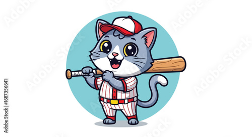 Cartoon Baseball Cat - Cute Kitten Wearing Uniform and Holding a Bat