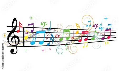 Colorful musical notes illustration, decorative design element, white background