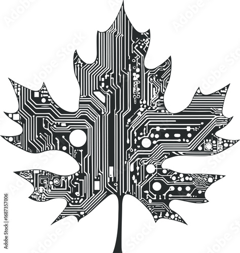  Black and white line art of a tree leaf with circuit board patterns instead of veins, minimal doodle clean vector illustration 1