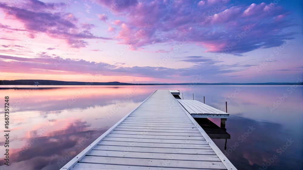 Obraz premium White wooden dock extending into calm lake at sunrise with pink and purple clouds – Serene nature landscape, peaceful water reflection, pastel sky gradient, tranquil outdoor setting