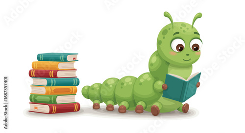 Bookworm Caterpillar Reading - Cute Cartoon Character with Books