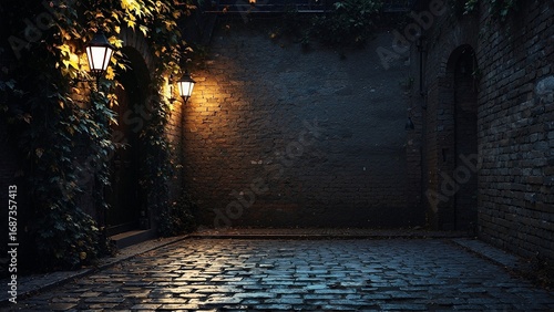 A moody, dark cobblestone courtyard at night. Warm glowing lanterns illuminate ivy-covered brick walls, creating a mysterious and atmospheric medieval European alleyway scene.