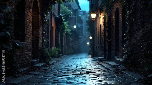 A narrow European cobblestone alley at night with warm street lamps glowing against brick walls and lush ivy. Atmospheric, moody urban scene with a mysterious vibe.