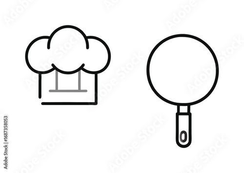 Simple black line icons of a chef hat and frying pan, representing cooking, culinary arts, and professional gastronomy