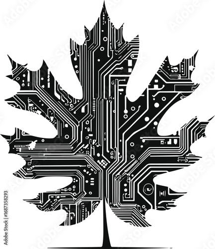 Black and white line art of a tree leaf with circuit board patterns instead of veins, minimal doodle clean vector illustration