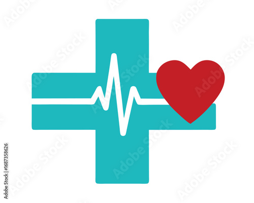 Healthcare Support Icon Vital Pulse Line and Red Heart Symbol on White