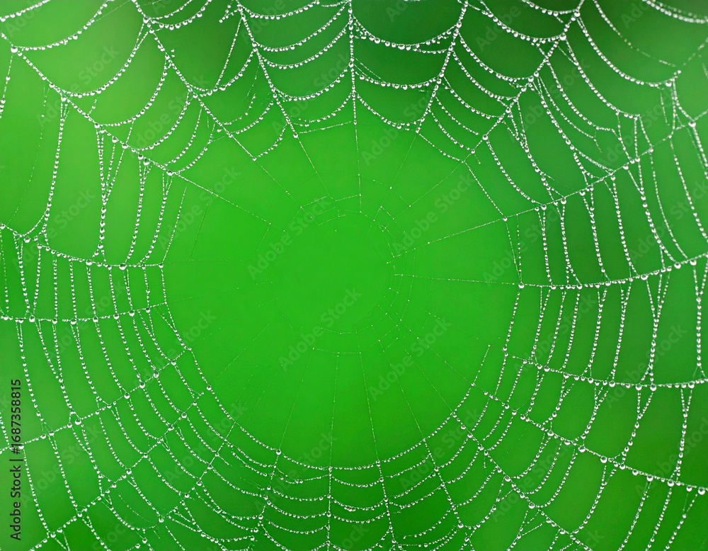 Naklejka premium Dew-kissed spiderweb glistening against a vibrant green natural background.