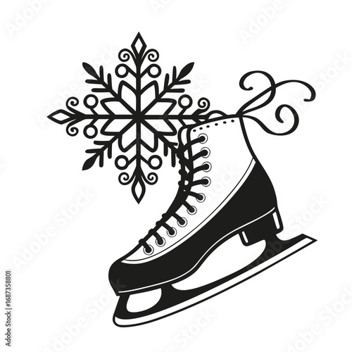 Stylized vector illustration of a classic ice skate with a decorative snowflake, evoking the charm of winter activities, holiday festivities, and seasonal cheer