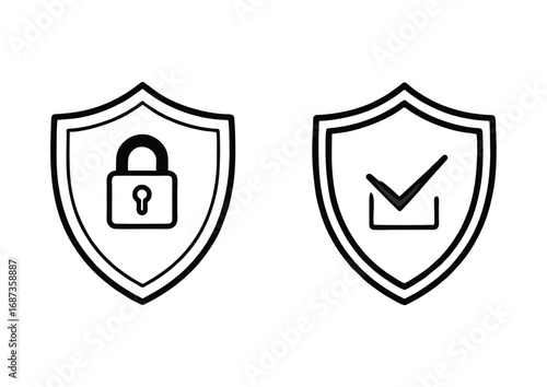 Shield icon collection for web security and data protection. Includes lock and verified checkmark symbols for online trust and safety concepts